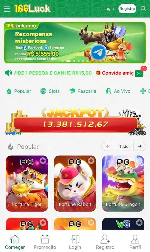 Tela de smartphone exibindo o app do 166LUCK cassino